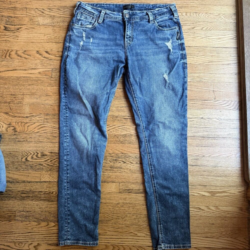 Silver Jeans Co Girlfriend Jeans Womens W33xL29 Blue Mid Rise Distressed Western